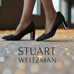 Stuart Weitzman Witchy Glam Black Pointed Toe Block 50 Pumps in Beaded Leather